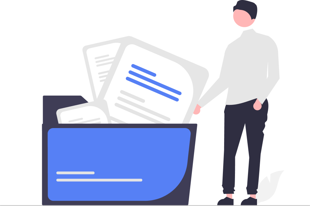 Illustration of a person organizing documents in a folder, symbolizing data order.
