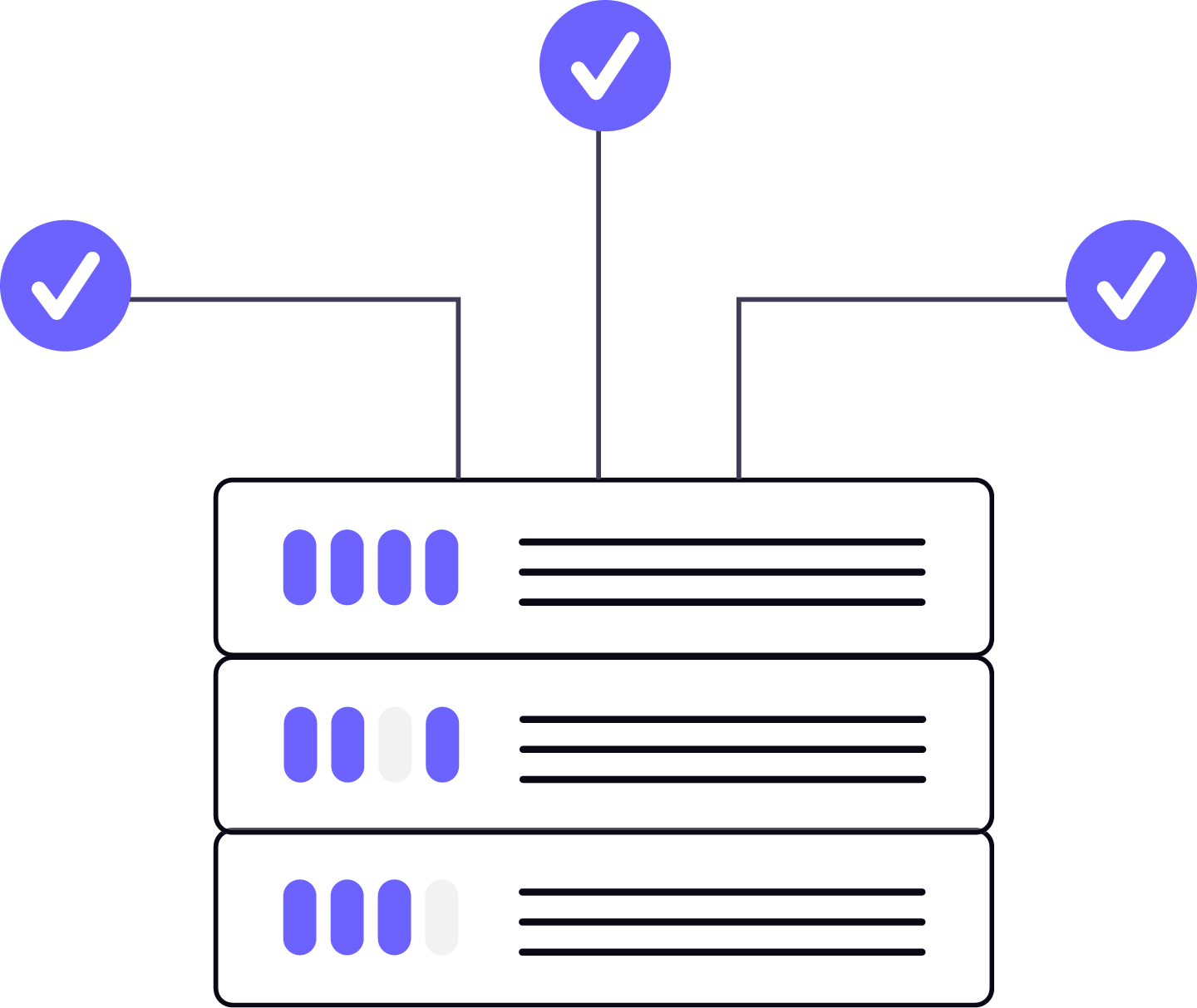 Schematic representation of server racks with status icons indicating stable system operation.